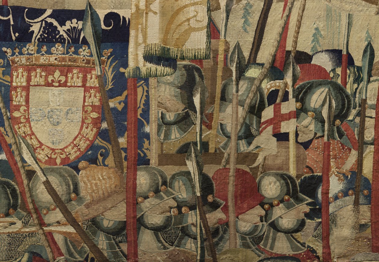 Gobeläng som visar erövringarna av kung Alfonso V av Portugal (Conquistas de Alfonso V de Portugal), Tournai. Detalj. (Ull och siden) av Flemish School
