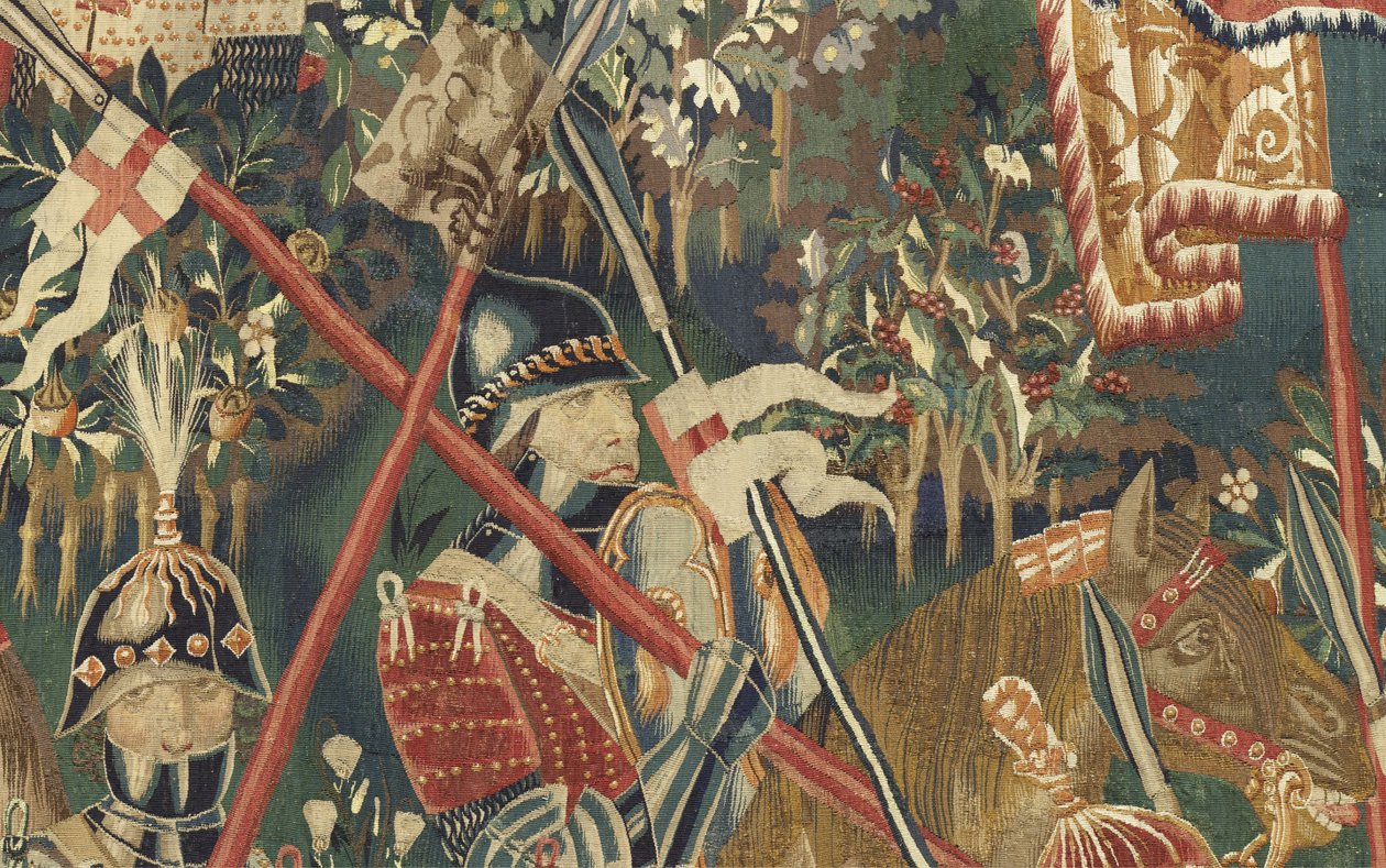 Gobeläng som visar erövringarna av kung Alfonso V av Portugal (Conquistas de Alfonso V de Portugal), Tournai. Detalj. (Ull och siden) av Flemish School