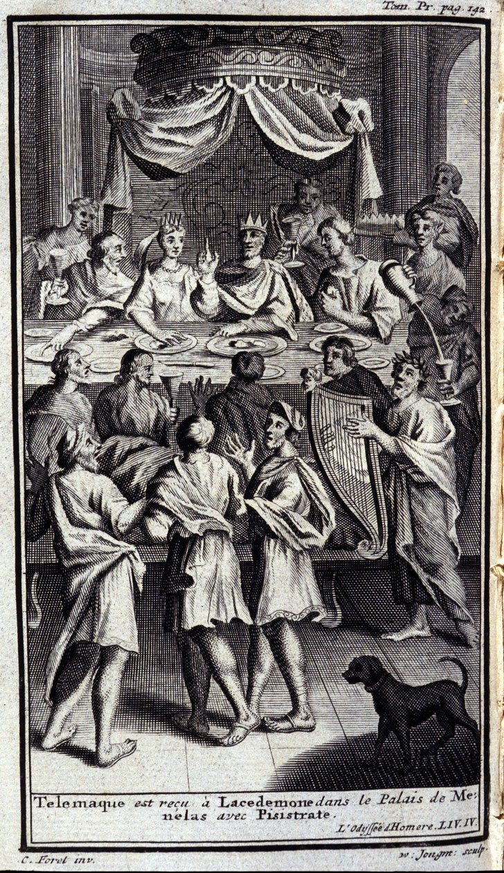 Telemaque tas emot i Lacedemone i Menelas palats med Pisistrate. Illustration till bok IV av Odyssee av Homere, i Odyssee, publicerad i Amsterdam 1731, Milano. av Flemish School
