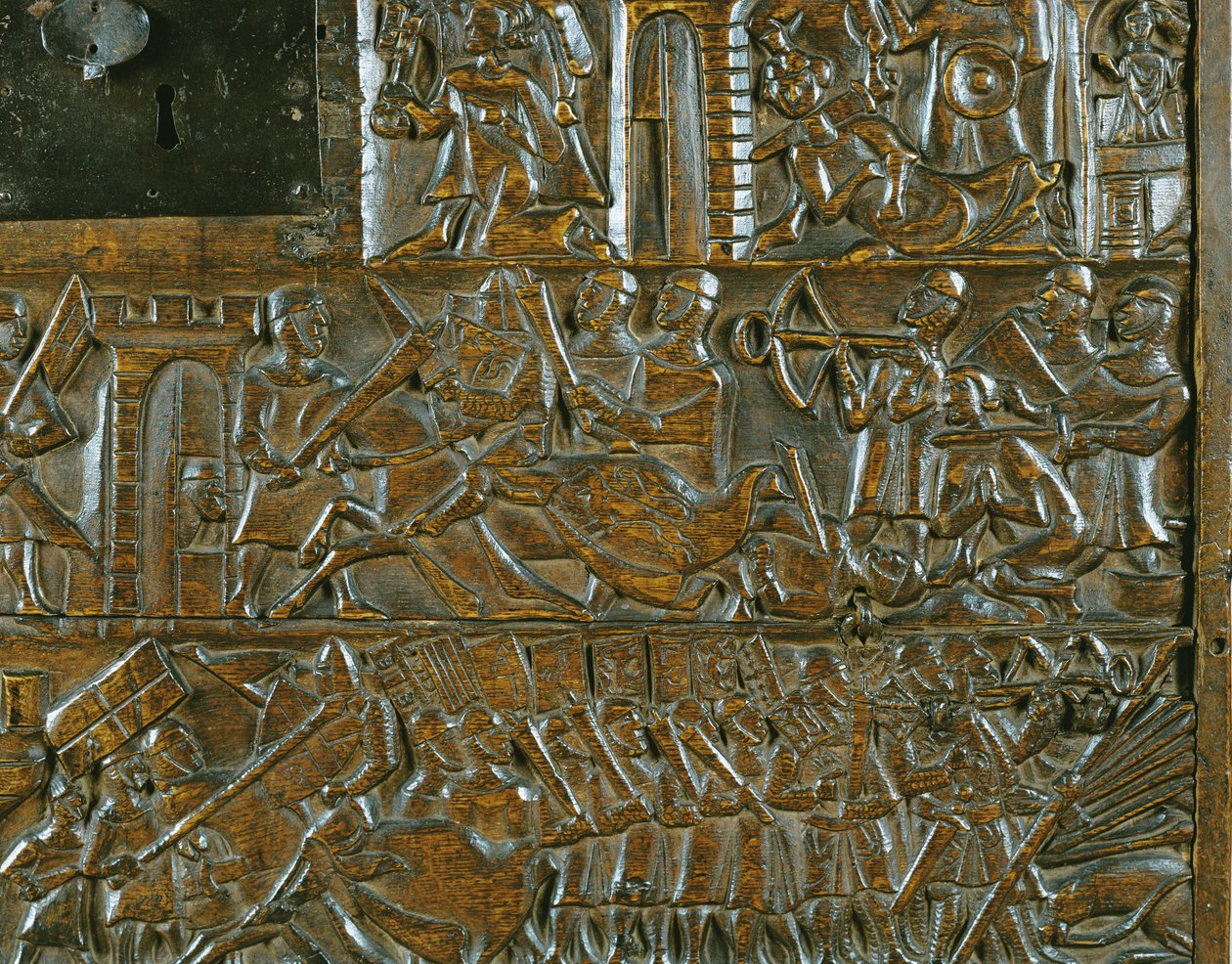 Courtrai-kistan som skildrar upproret i Brygge den 18 maj, under slaget vid Golden Spurs som utkämpades i Courtrai 1302 (trä) (detalj) av Flemish School