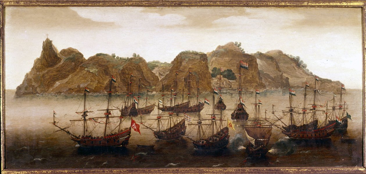 Den holländska flottan utanför ön St. Helena. Oljemålning. 1600-talet. Naval Museum Amsterdam av Flemish School