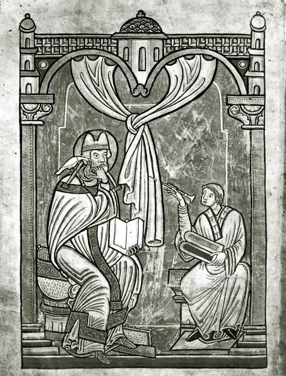St. Gregorius extas (ca 540-604) skymtad av diakonen Peter genom en gardin genomborrad av hans stilett av Flemish School