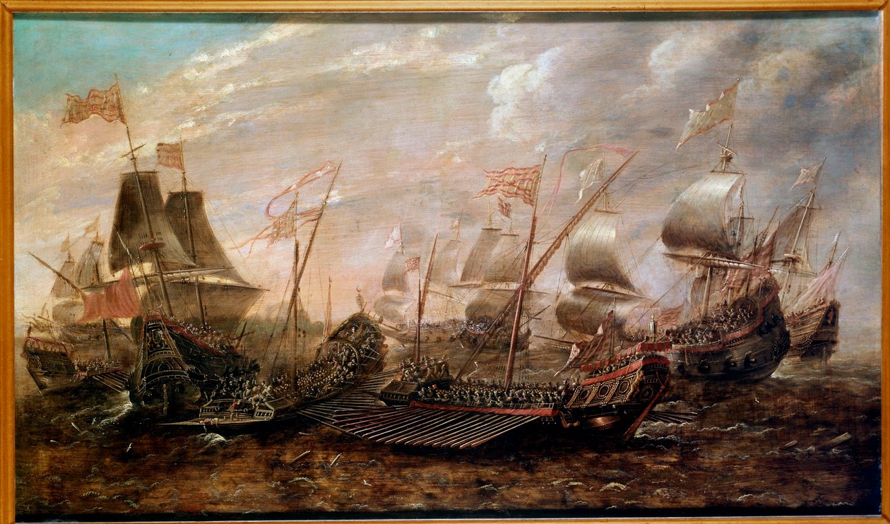 Sjöstriden Invincible Armada som såg den spanska armadans nederlag mot den engelska flottan i augusti 1588, flamländsk skola av Flemish School