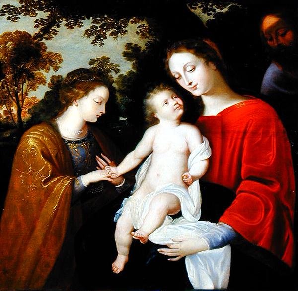 The Mystic Marriage of St. Catherine, c.1625-50 (olja på panel) av Flemish School