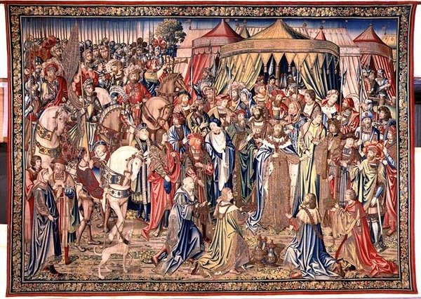 Presentationen av de kungliga insignierna, tapet av David och Batseba, c.1510-15 (gobeläng) av Flemish School