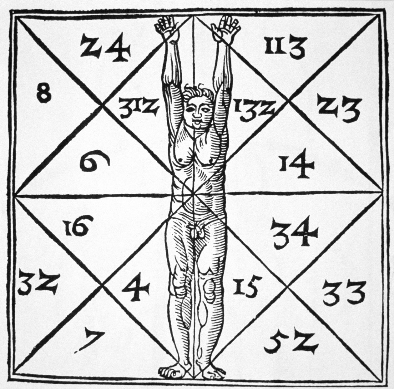 Människans proportioner och deras ockulta tal från De Occulta Philosophia Libri III, av Henricus Cornelius Agrippa (1533) illustrerad i en magisk historia publicerad i slutet av 1800-talet av Flemish School