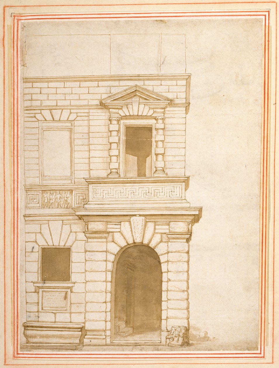 Fasaden på Giulio Romanos hus i Rom (penna och bläck på papper) av Flemish School