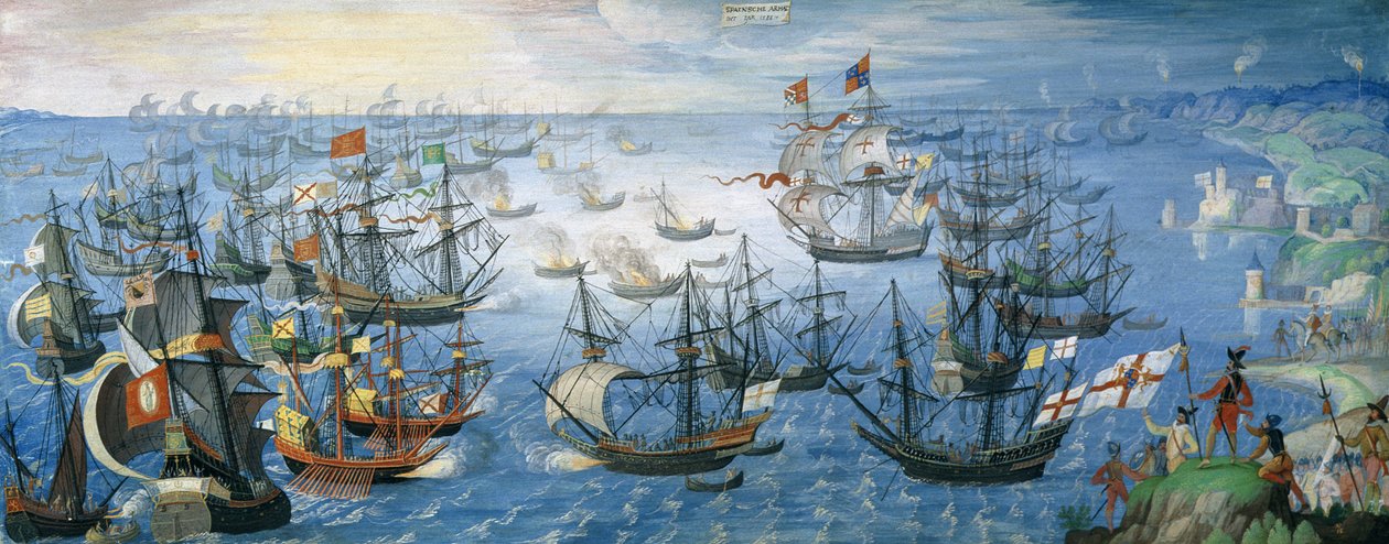 Sjösättningen av engelska eldskepp på den spanska flottan utanför Calais med drottning Elizabeth I (1533-1603) till häst på land, natten till den 7 augusti 1588, ca 1605 (gouache på veläng förhöjd med av Flemish School