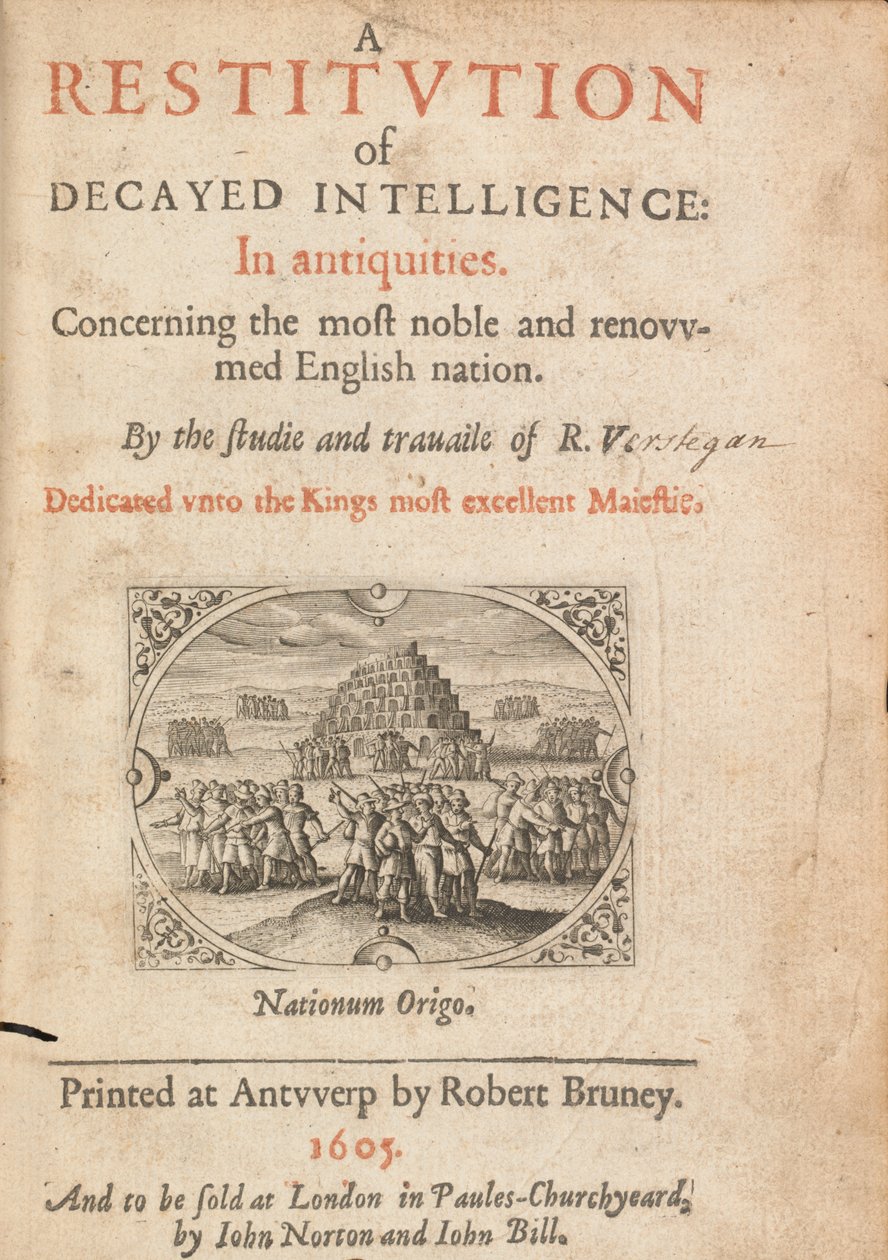 Titelsidan för Restitution of Decayed Intelligence av Richard Verstegam, Antwerpen, 1605 av Flemish School