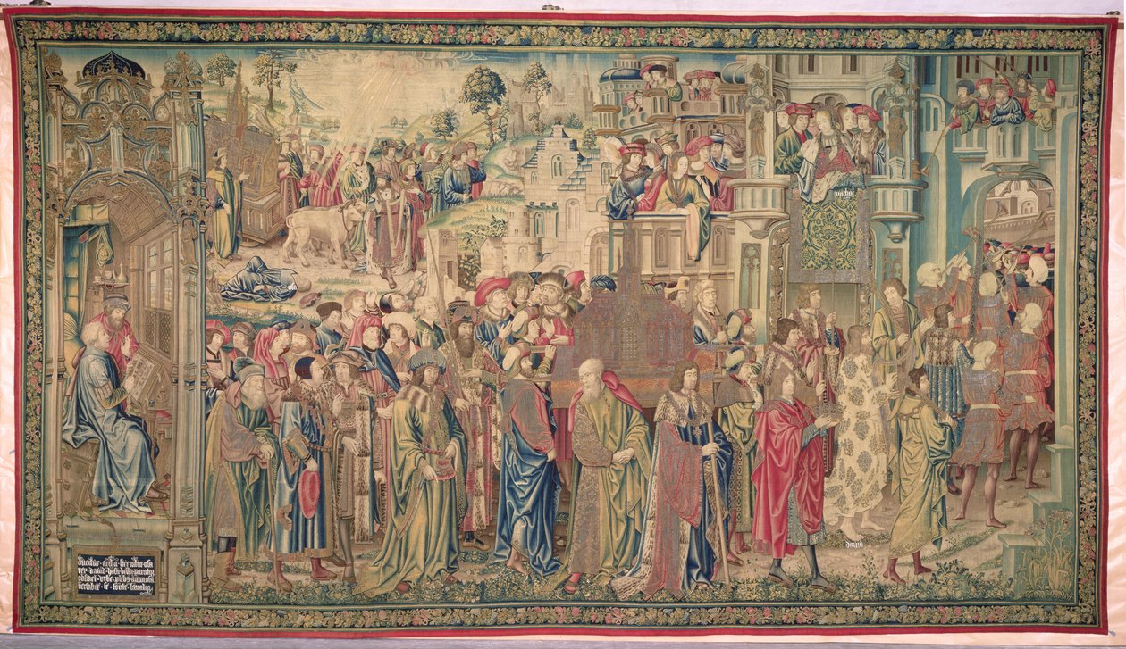 Transport av förbundsarken, Davids och Batsebas gobeläng, ca 1510-1515 av Flemish School