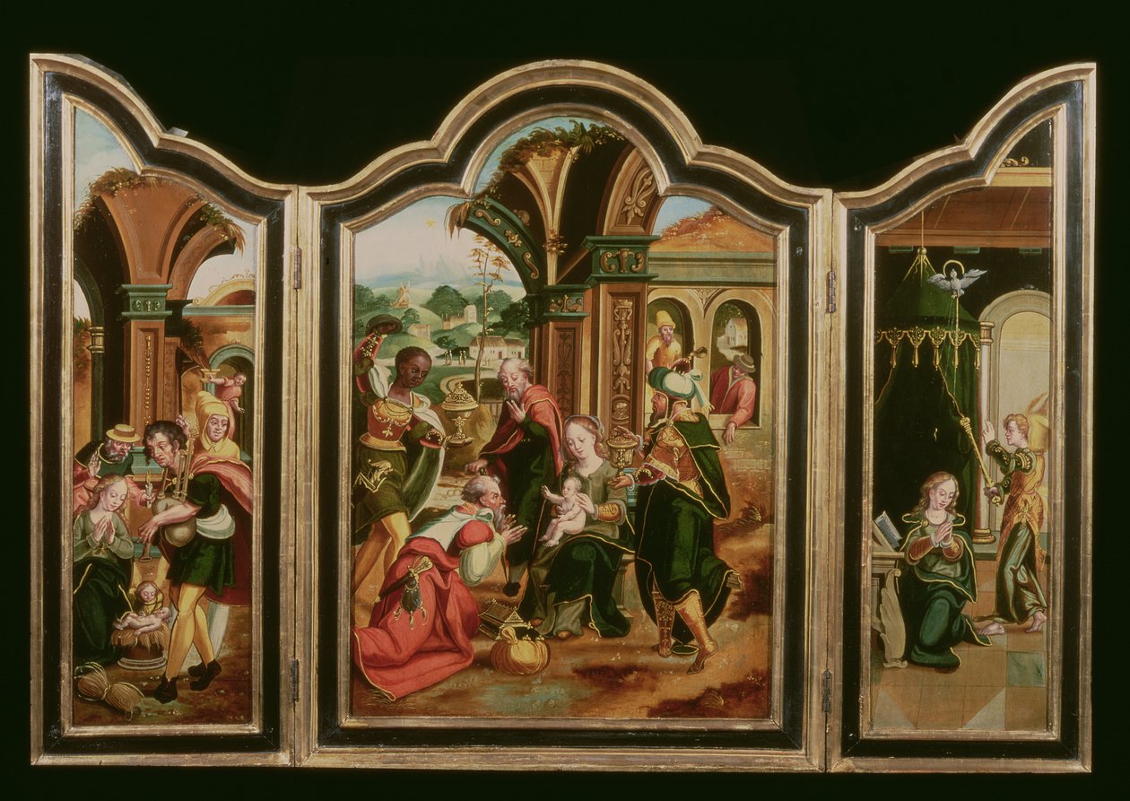 Triptyk: The Adoration of the Magi (centralpanel), Annunciation (LH panel), Adoration of the Shepherds (RH panel) av Flemish School
