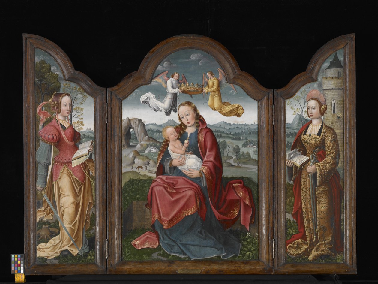Triptyk med Jungfrun och barnet, St. Barbara och St. Catherine (olja på trä) av Flemish School