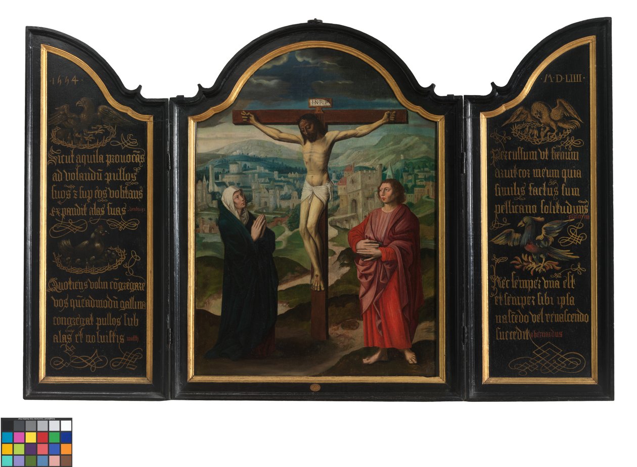 Triptyk med korsfästelse och texter (olja på panel) av Flemish School