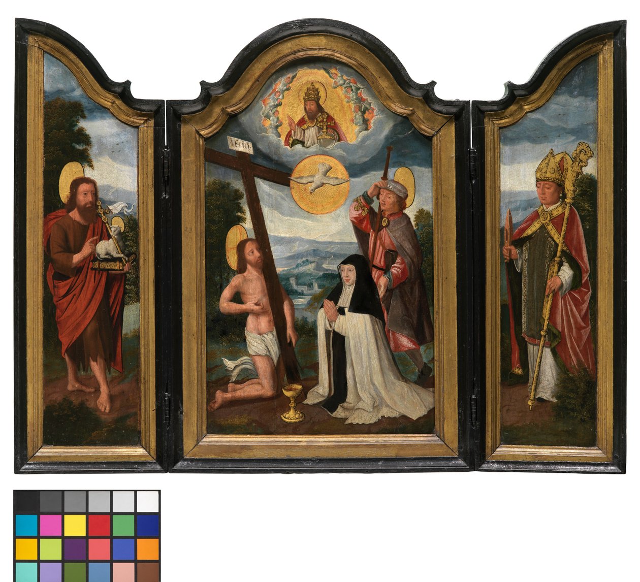 Triptyk med den heliga treenigheten, en sjukhussyster och skyddshelgon (olja på panel) av Flemish School