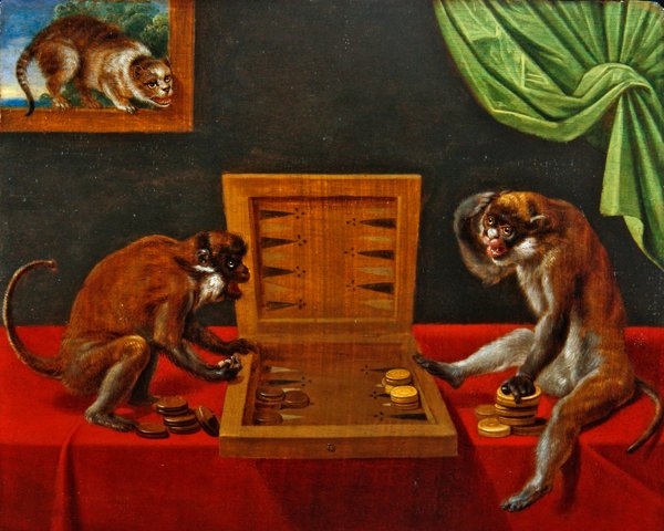 Två apor som leker Tric Trac på ett bord (olja på panel) av Flemish School