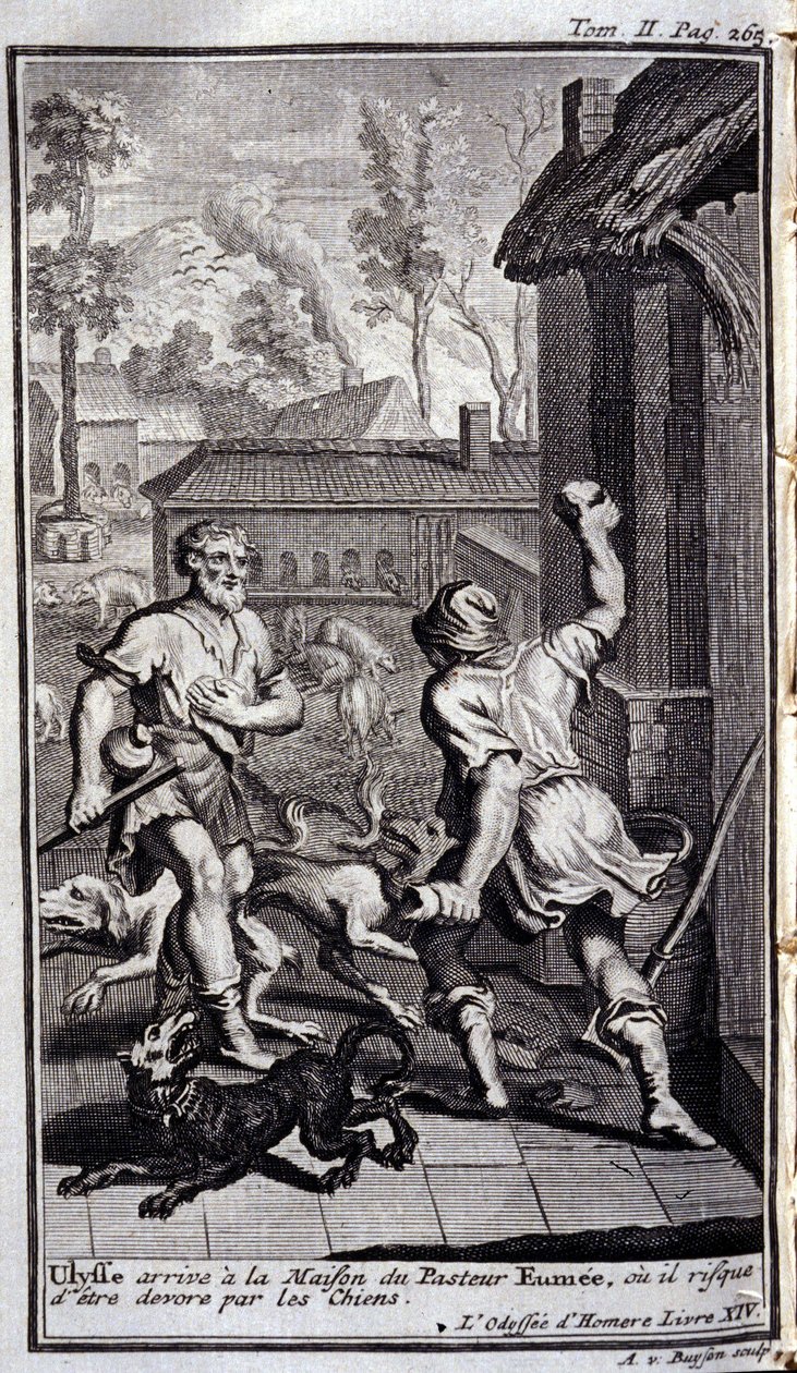 Ulysses anländer till pastor Eumees hus, eller så kan han bli förälskad av hundar. Illustration för bok XIV de l