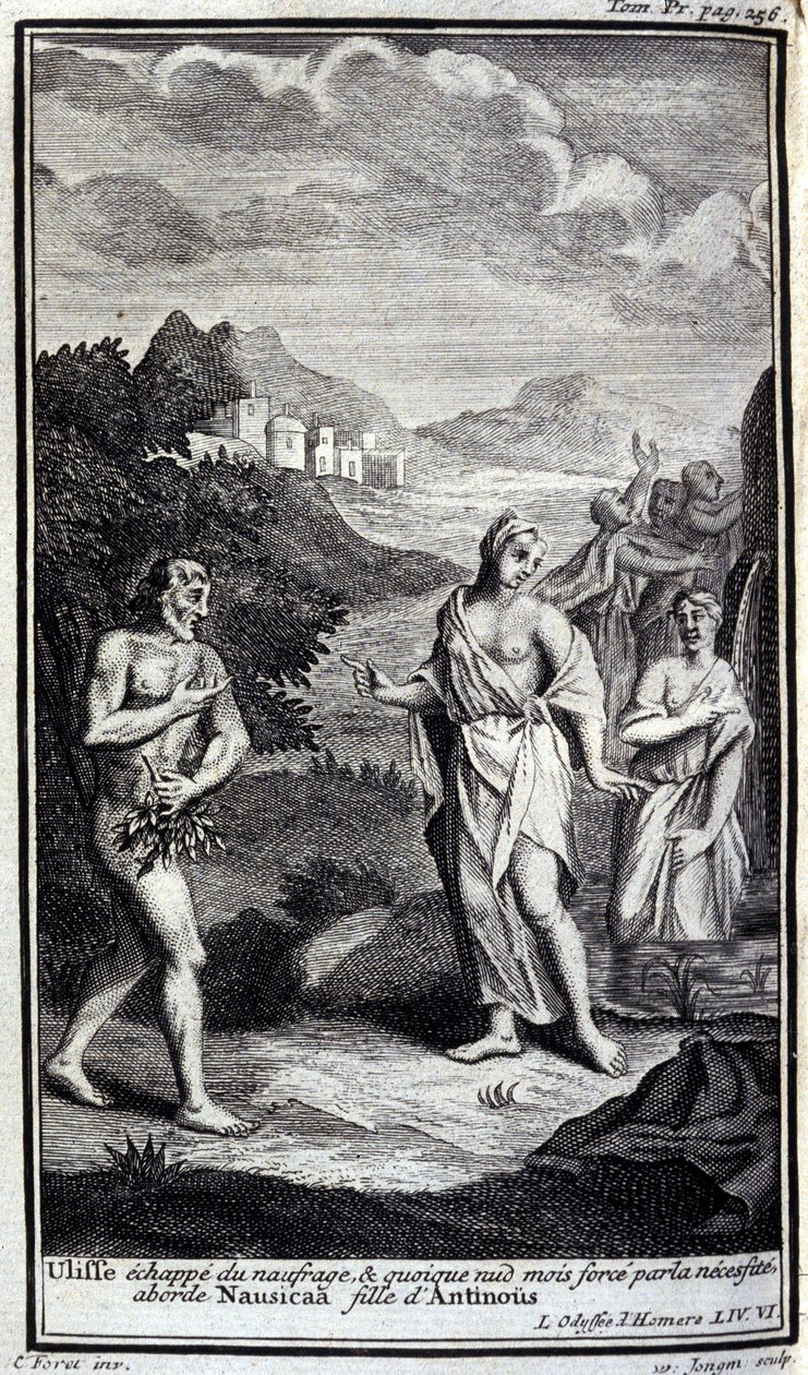 Ulysses flyr från skeppsvraket, och även om han är naken men med våld av nödvändighet närmar sig Nausicaa, dotter till Antinous (Antinoos). Illustration till bok VI av Odyssee av Homere, i Odyssee, publicerad i Amsterdam 1731, Milano. av Flemish School