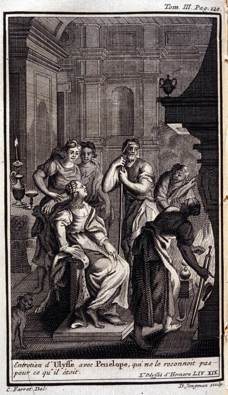 Ulysses intervju med Penelope, som inte känner igen honom för vad han var. Lilustration för boken XIX av Odyssee av Homere, i Odyssee, publicerad i Amsterdam 1731, Collection privee Milan. av Flemish School