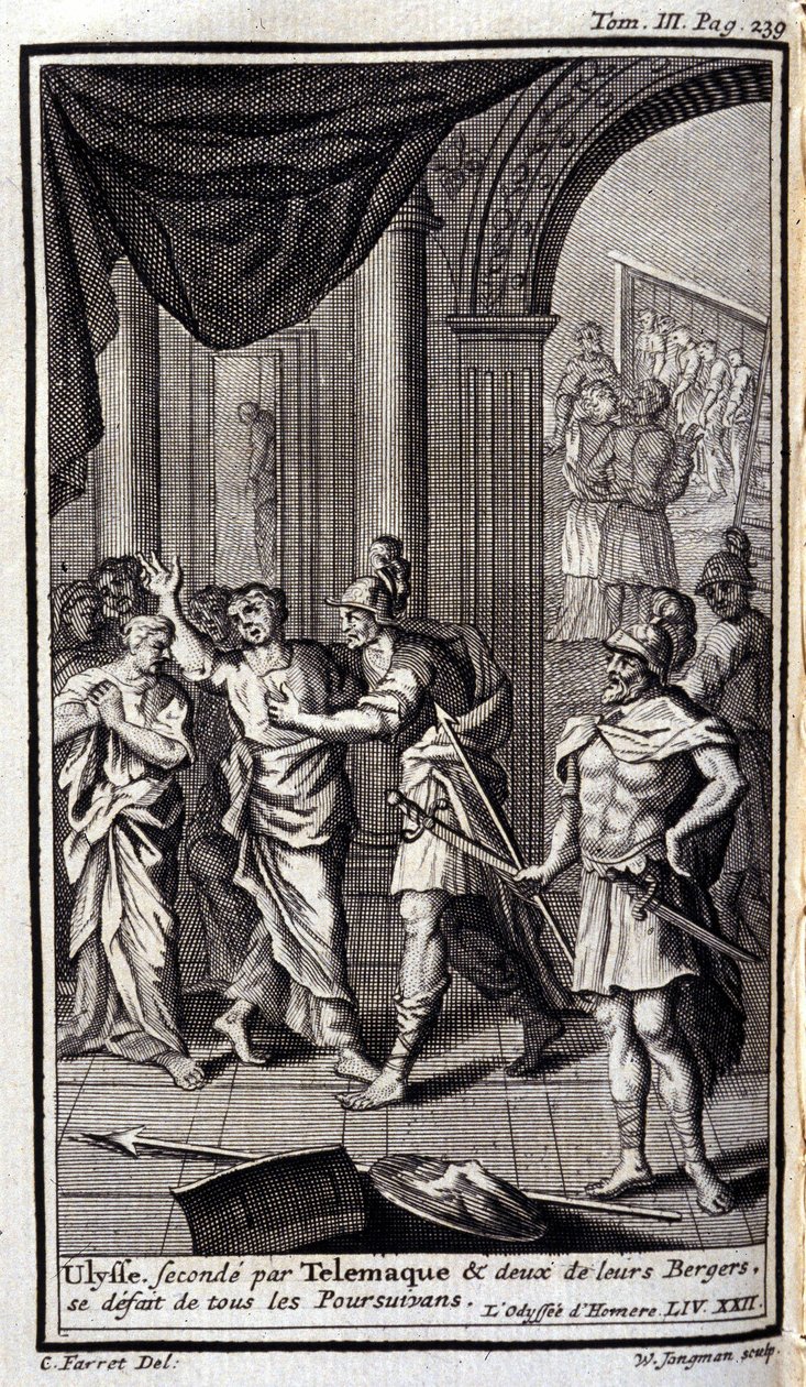 Ulysses tvåa efter Telemaque och två av deras herdar upplöste alla förföljarna. Lustration för XXII boken av Odyssee av Homere, i Odyssee, publicerad i Amsterdam 1731, Collection privee Milan. av Flemish School