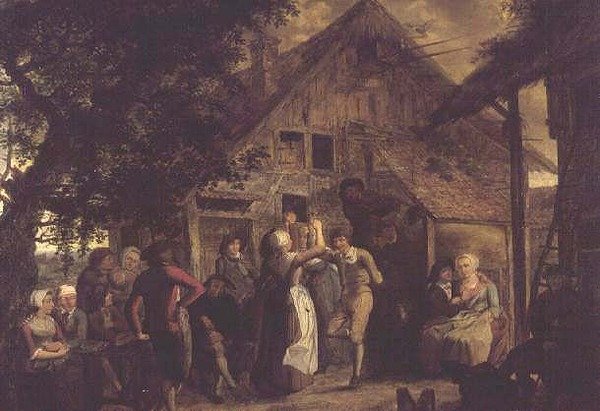 Byborna glada utanför en bondgård av Flemish School
