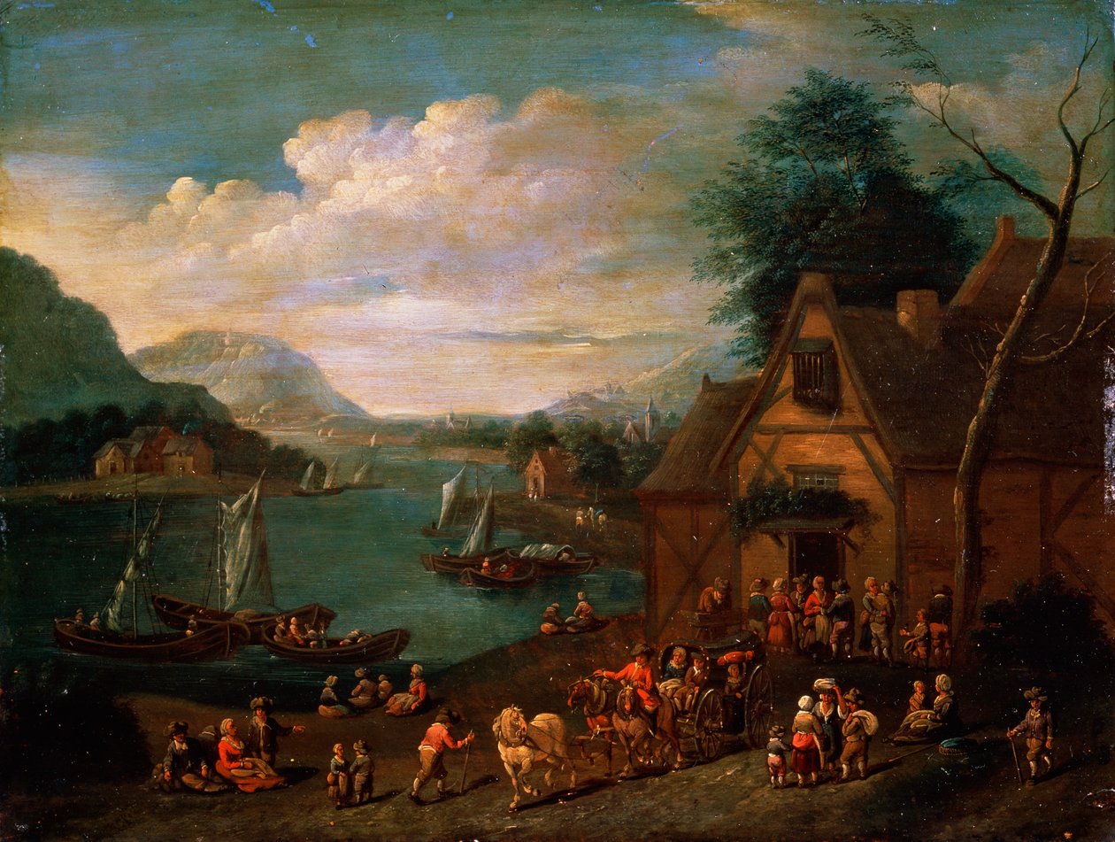 "A Tavern at the Seashore", c1500-1700-talet av Flemish master