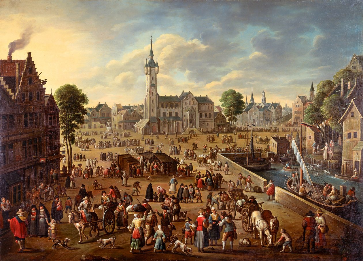 Stadsvy över Stora torget i Lier, ca 1620-1625 av Flemish master