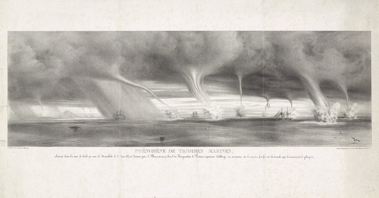 Waterhozen op zee på Sicilien, 1827 Fenomenet med vattenpipor, observerat i Siciliens hav, i sikte av Stromboli, 27 juni 1827 (titel på objekt) av Félix Achille Beaupoil Saint Aulaire