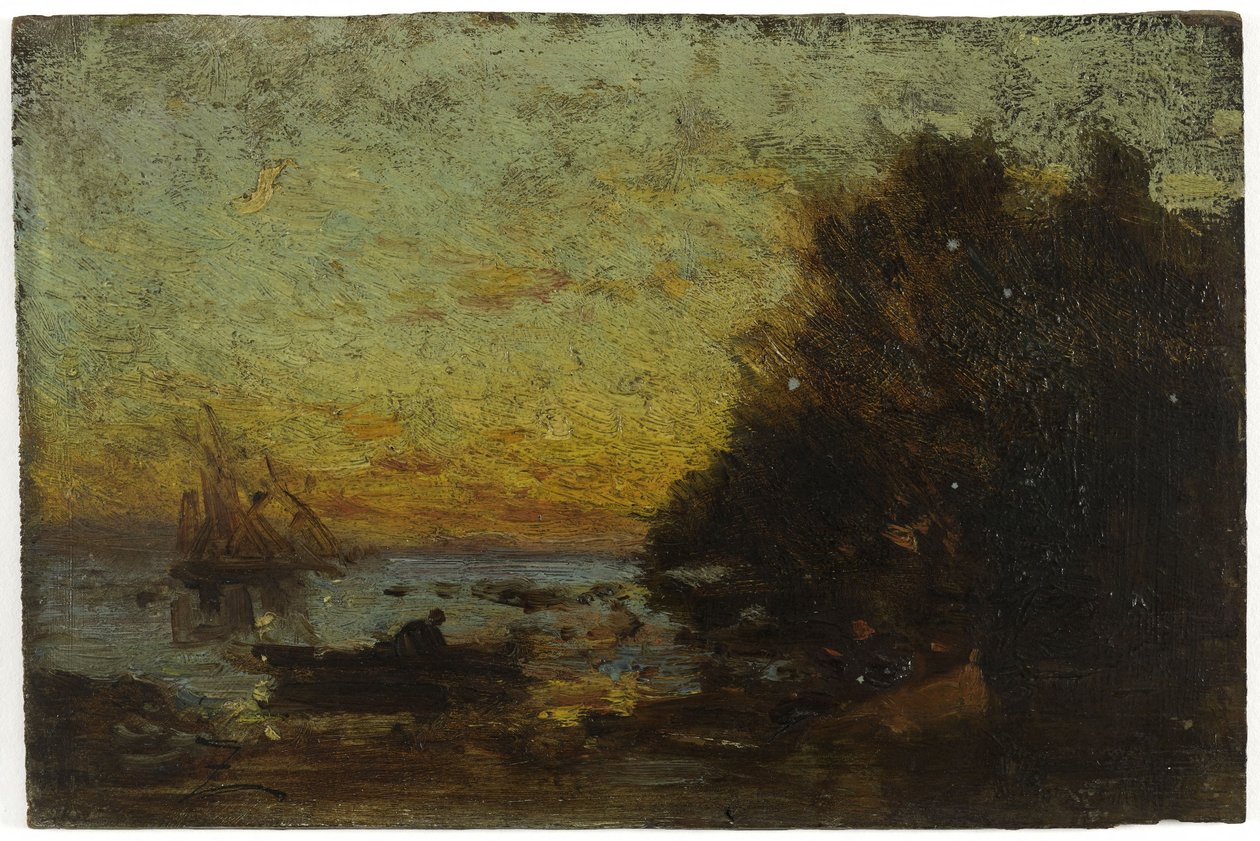 Båt och segelbåtar, solnedgång. På baksidan: Marine, mellan 1850 och 1860 (olja på trä) av Félix Ziem