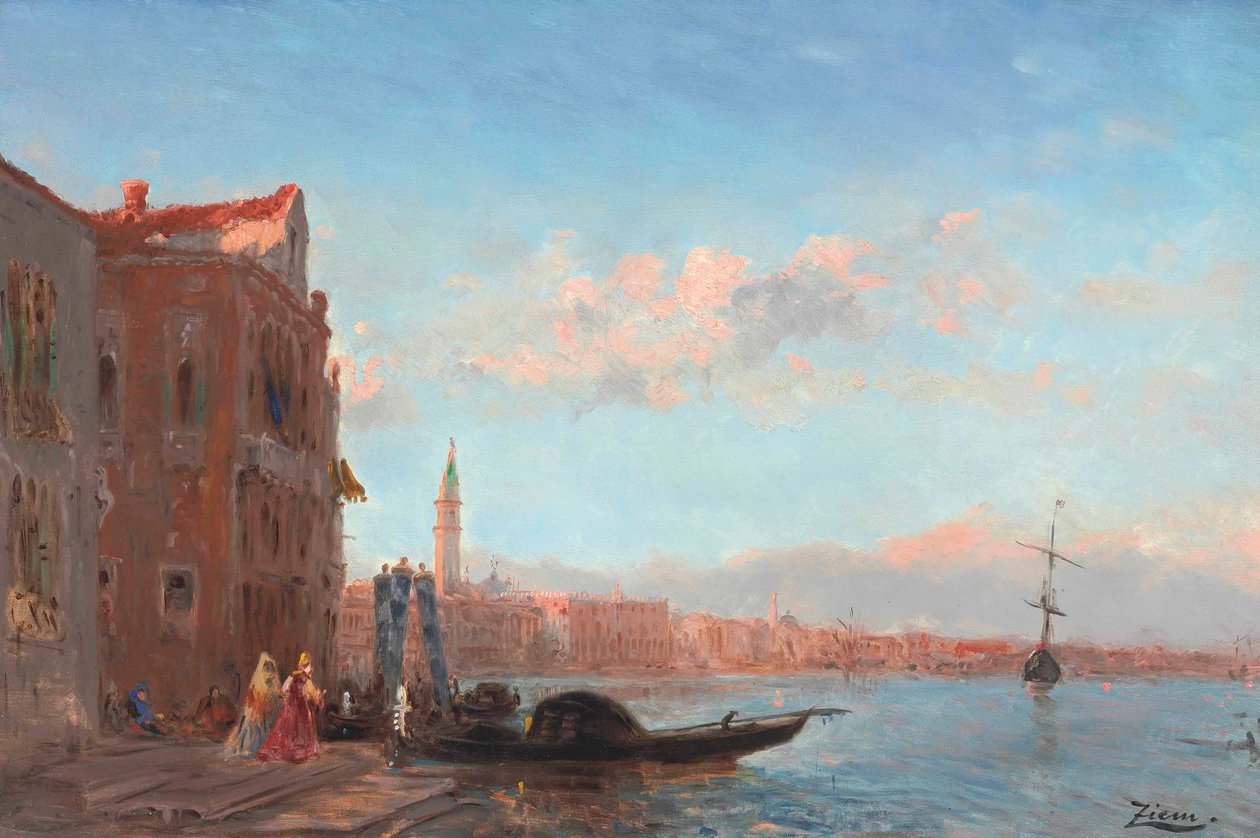 Figurer som lämnar ett palats, Canal della Grazia av Félix Ziem