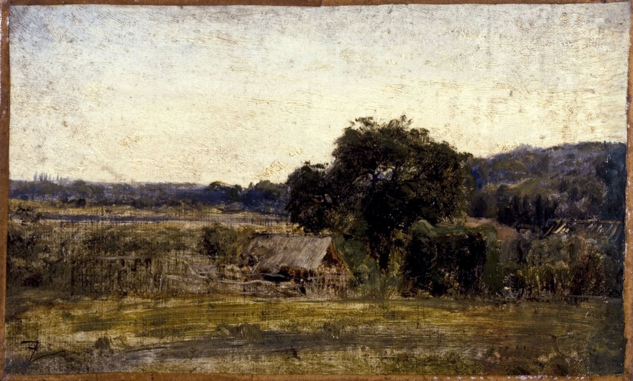 Stuga med halmtak, mellan 1850 och 1860 (olja på papper på duk) av Félix Ziem