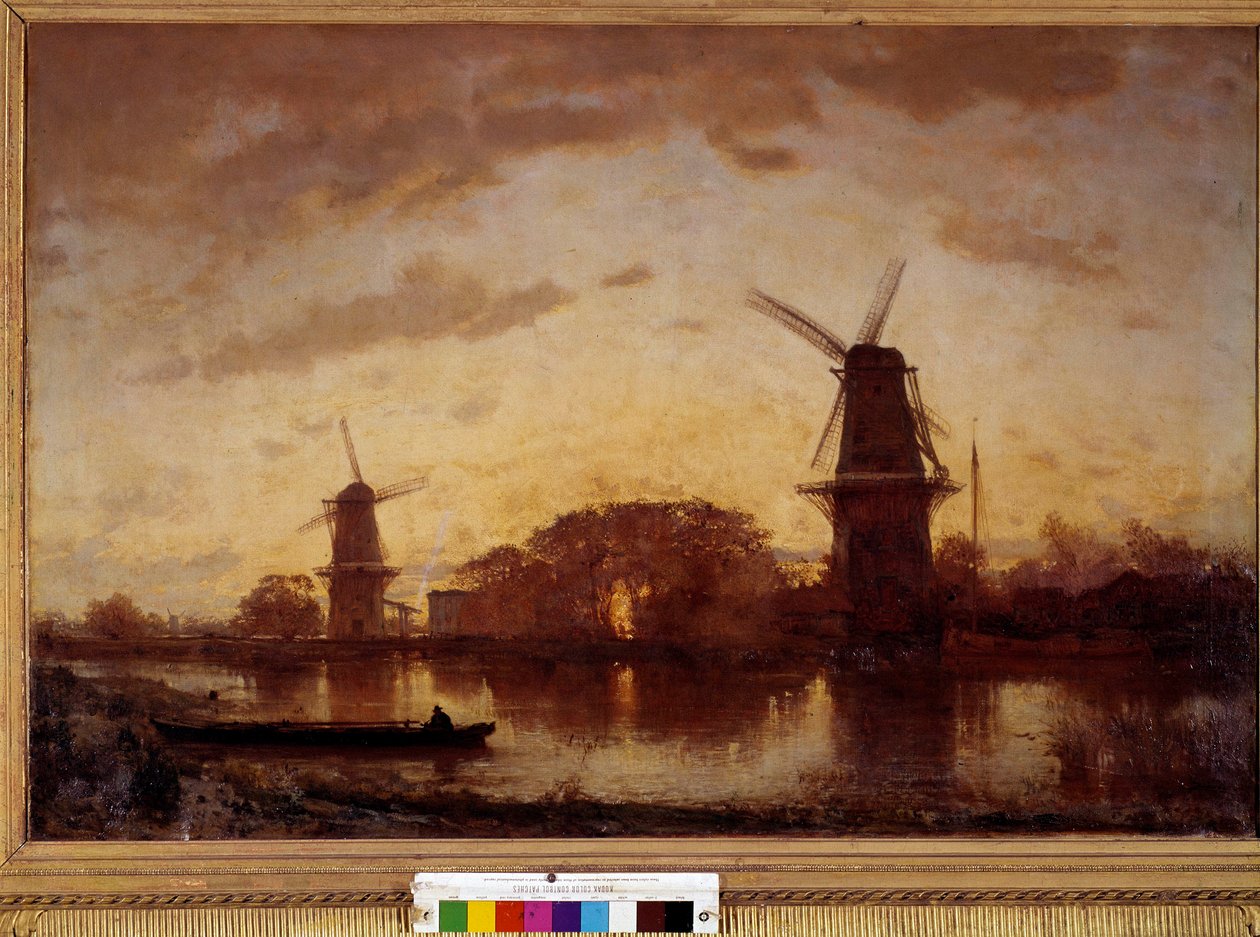 Stränderna av Amstelflodens landskap med kvarnar i Nederländerna. Målning av Felix Ziem (1821-1911). 1852. Sön 1,01 X 1,50 m. Bordeaux, Museum of Fine Arts av Félix Ziem