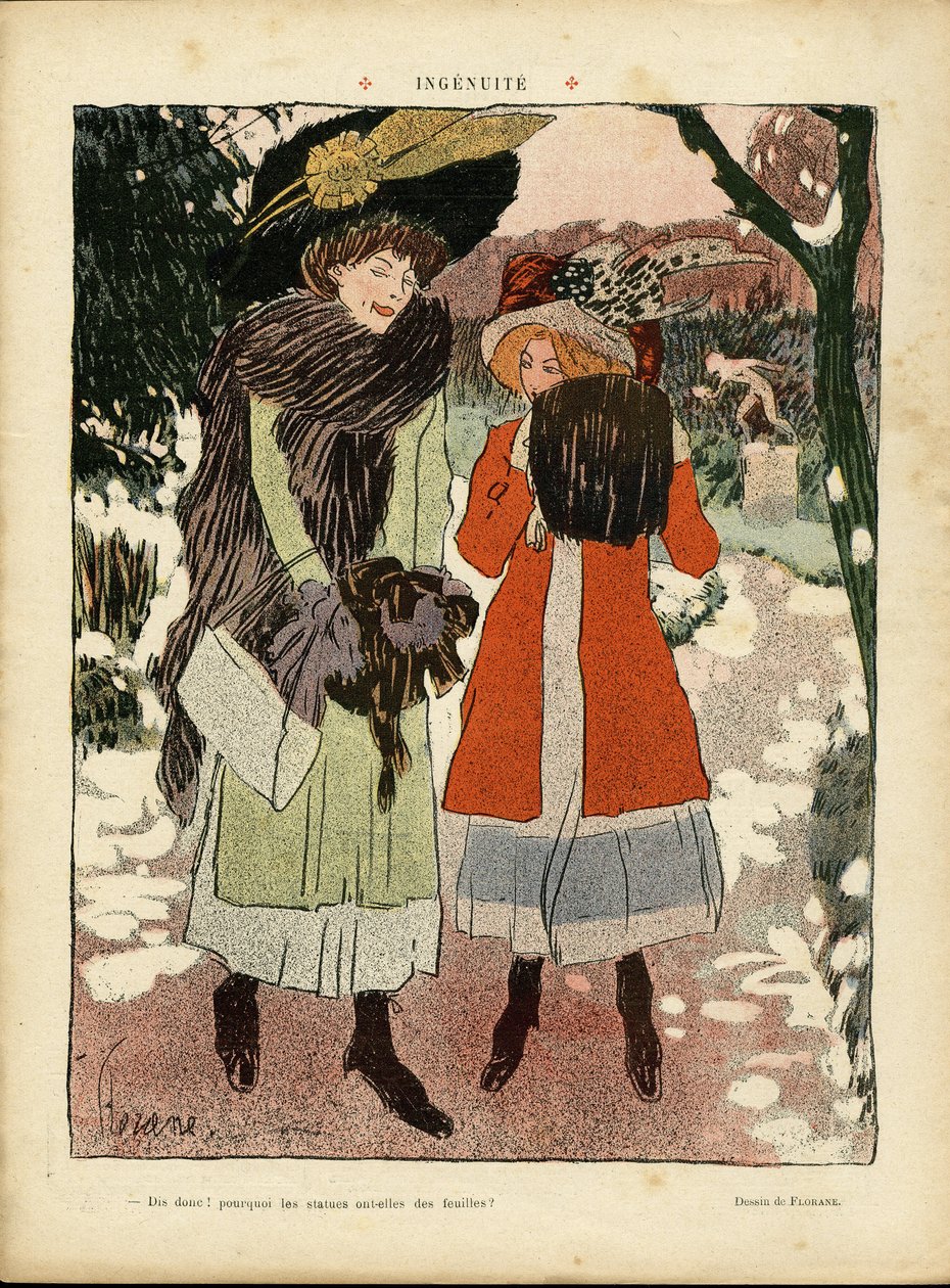 Illustration av Florane (1872-1940) i Le Rire, 22/01/10 - Ingenuite - Mode, hatt, offentlig trädgård av Florane Florane