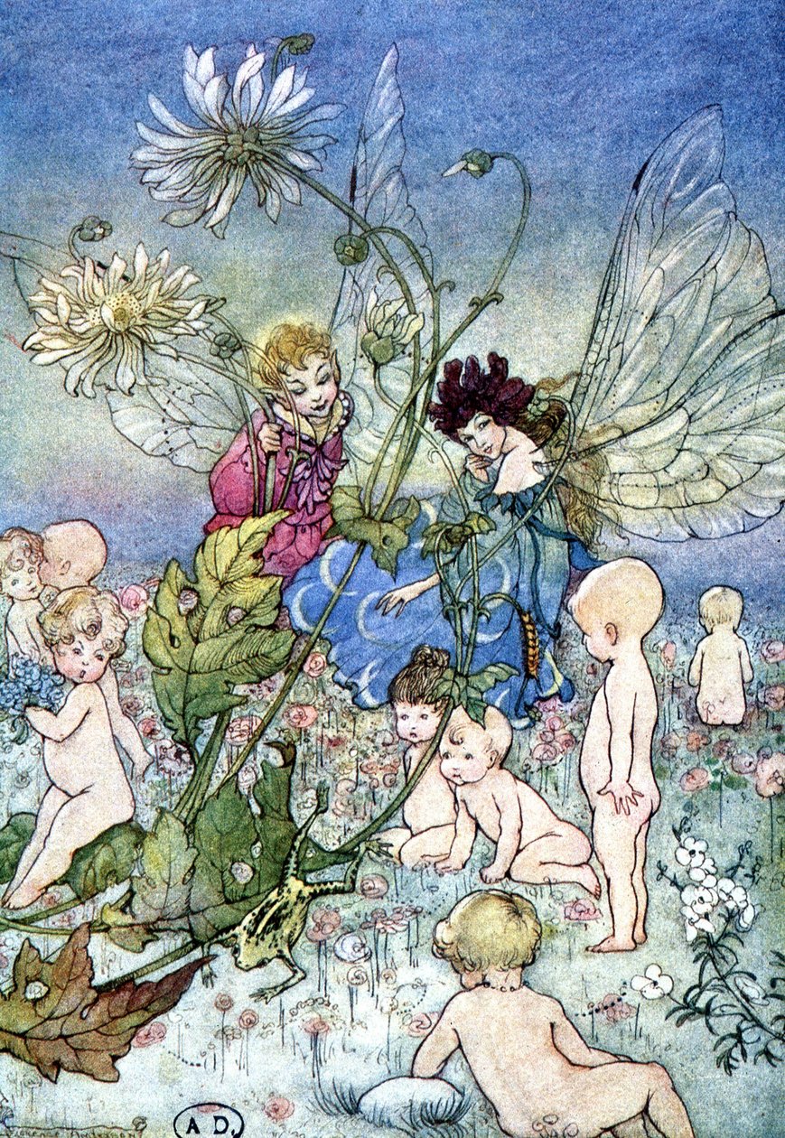 Kvinna-trollslända (älva) och tomte omgiven av bebisar - i "My Fairyland"" av Fiona Malcom, ill. Florens Andersson av Florence Anderson