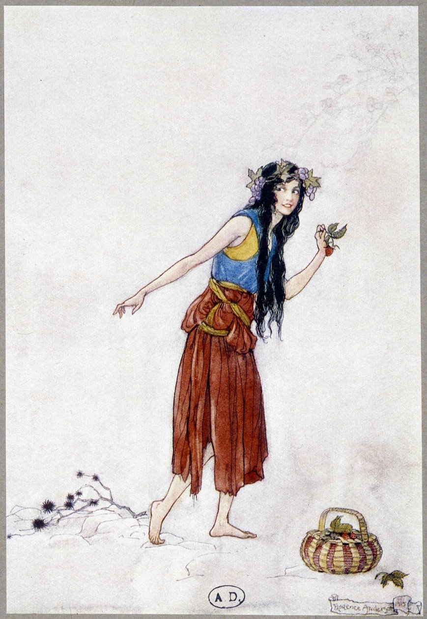 Ung flicka i snön med jordgubbe, "My Fairyland"" av Fiona Malcom, illustration av Florence Anderson av Florence Anderson
