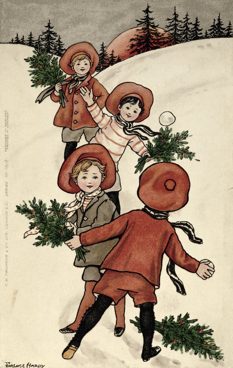 Barn med Holly som kastar snöbollar (litho i färg) av Florence Hardy
