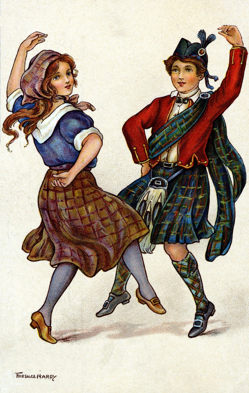 Par dansar i traditionell skotsk kostym. Kromolitografi av Florence Hardy av Florence Hardy