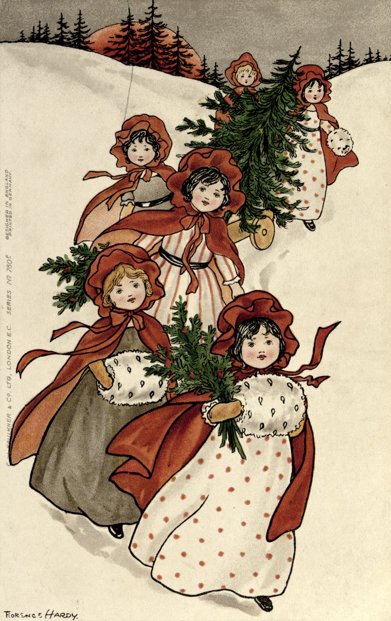 Små flickor med Holly och julgranen av Florence Hardy