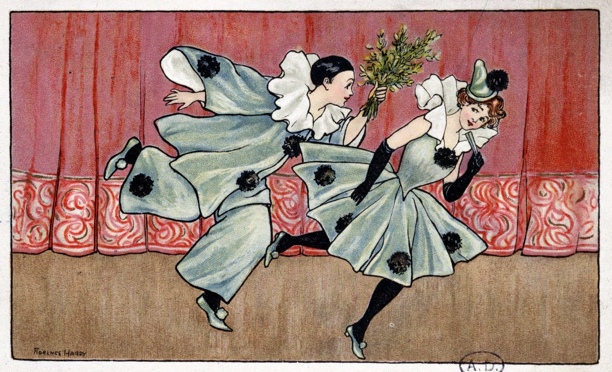 Pierrot springer efter Colombine - dess. av Florence Hardy, deb. 1900-talet av Florence Hardy