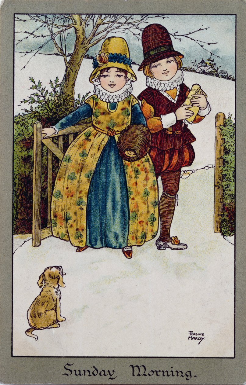 Söndag morgon, viktorianskt kort (färglitografi) av Florence Hardy