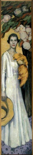 Porträtt av Emily MacFadden med sin katt (olja på duk) av Florence Lundborg