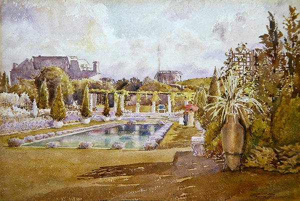 En utsikt över ett slotts trädgård i Frankrike (akvarell på papper) av Florence Vincent Robinson