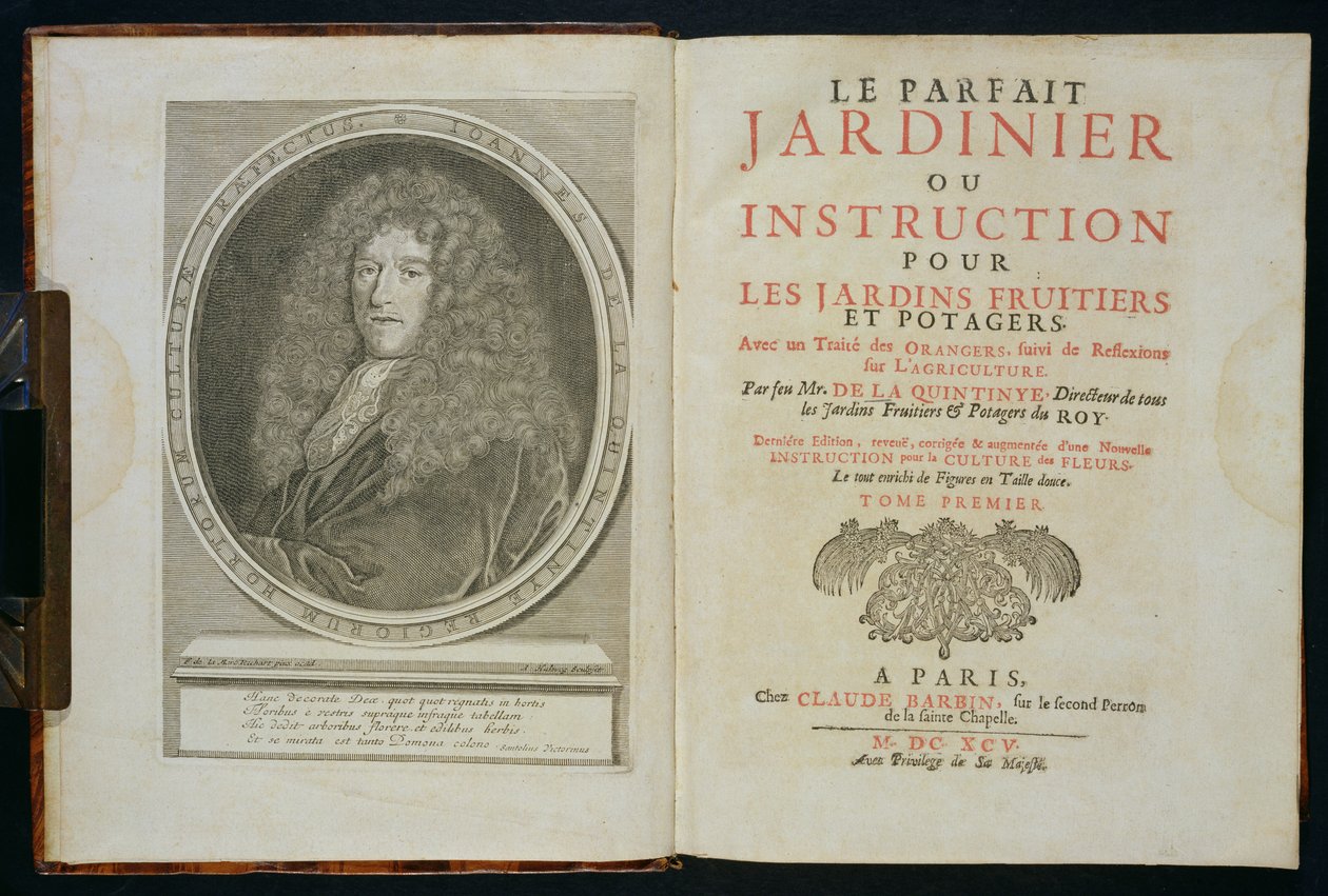 Titelsida och porträtt av författarens framsida, från Le Parfait Jardinier, ou Instruction pour les Jardins Fruitiers et Potager, av Jean de la Quintinye, publicerad 1695 av Florent Richard de Lamarre