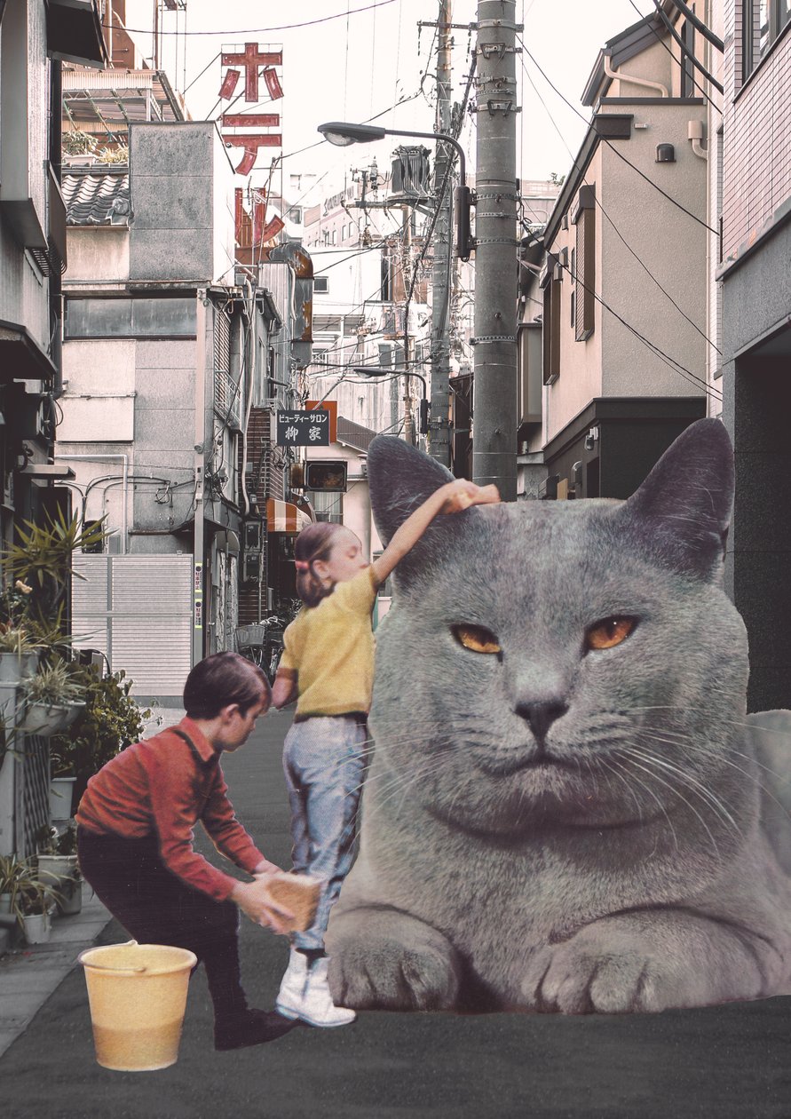 Barn som tvättar en gigantisk katt på Tokyo Streets av Florent Bodart