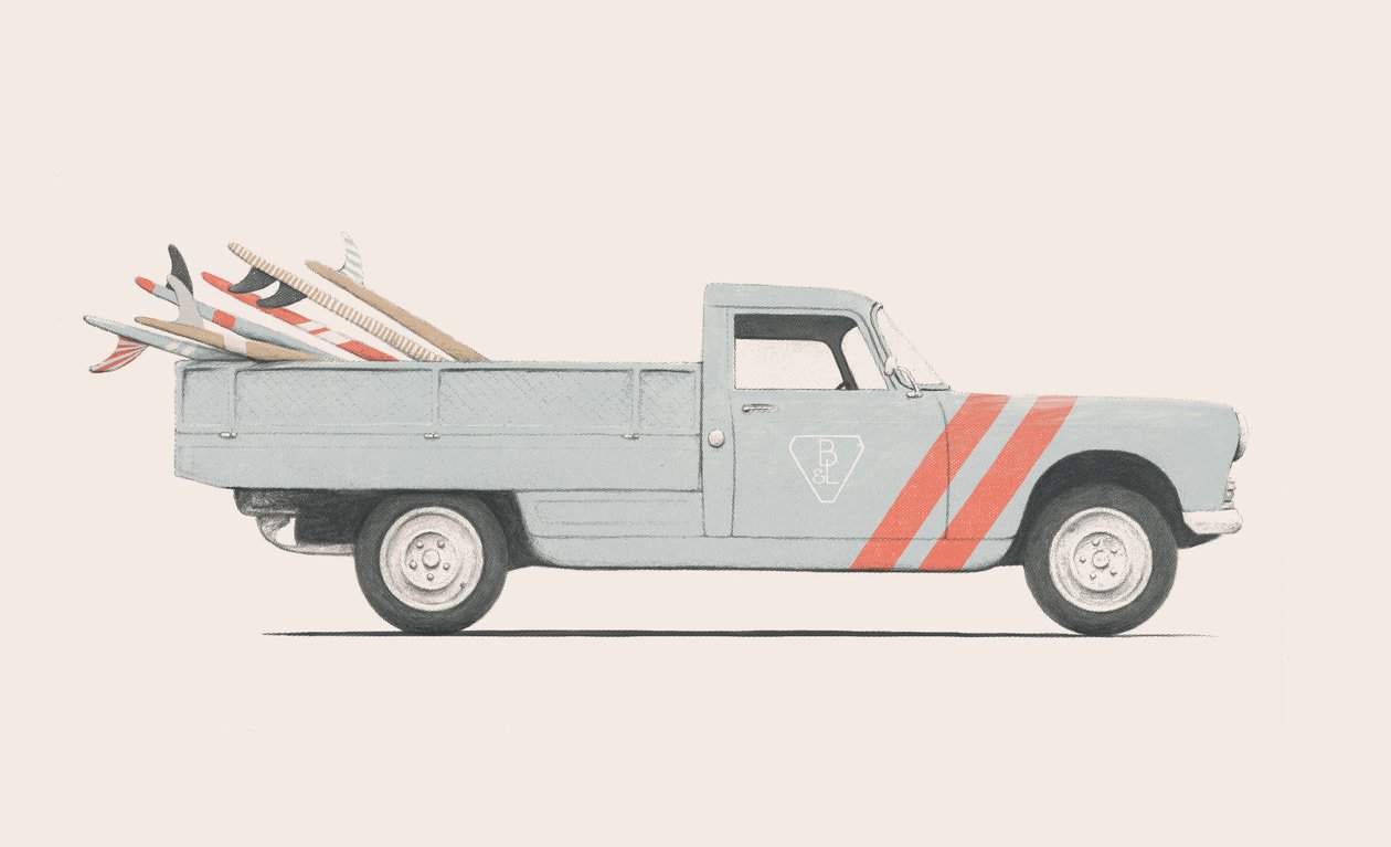 Pickupbil med surfbrädor, 2019 (penna, digital) av Florent Bodart