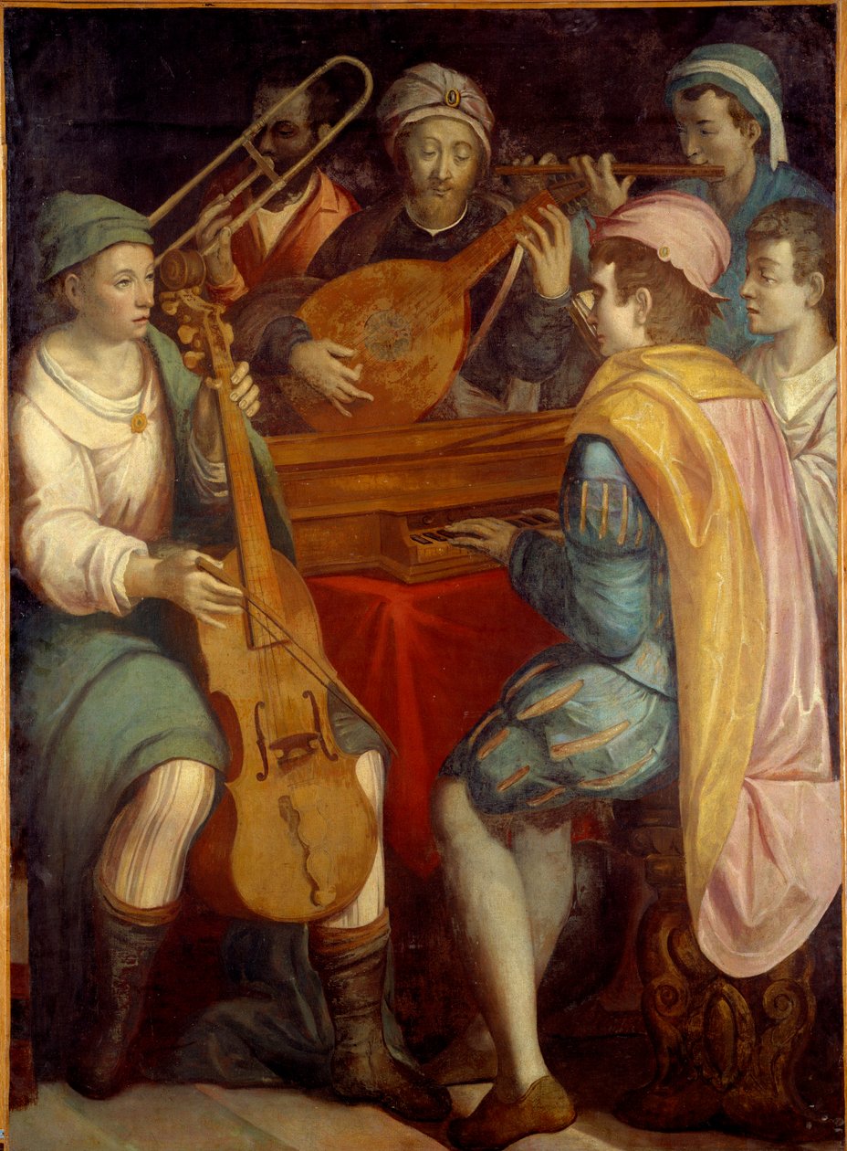 Konsert Lutmusiker, epinett, trombon och viola de gamba. Anonym målning av den florentinska skolan 1550-1600. Sol 1,8x1,3 m av Florentine School
