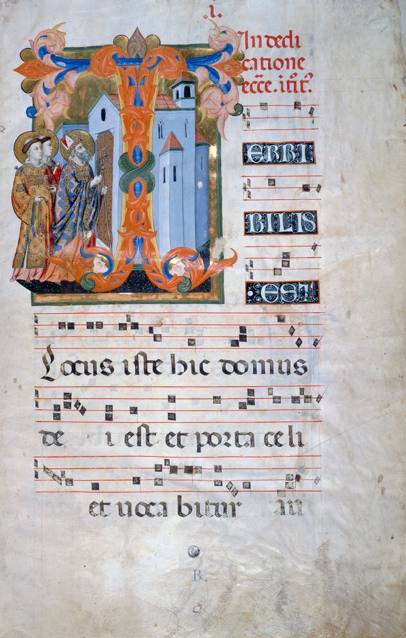 Upplyst initial med en biskop som välsignar en kyrka (Corale 2, ca 1), för körbok 2 av Santa Maria degli Angeli av Florentine School