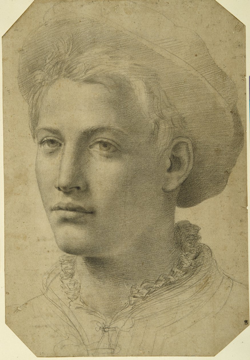 Porträtthuvud av en ungdom som bär en keps, ca 1530-40 (svart krita på vitt papper) av Florentine School
