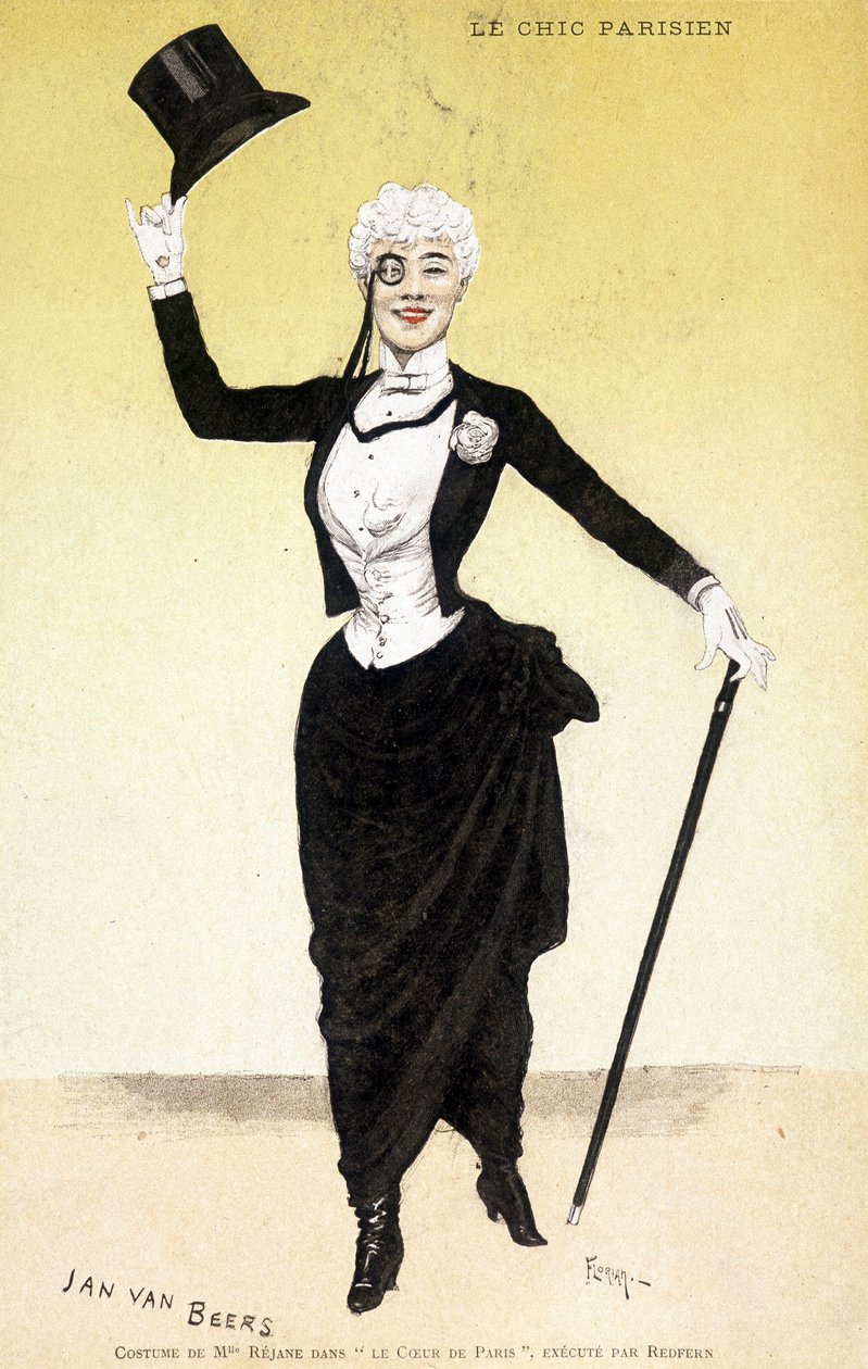 The Parisian chic (dandy - dandysme): Mademoiselle Réjanes kostym i "The heart of Paris"". Kostym av modedesigner Jan Van Beers (1852-1927), utförd av Redfern. Teckning av Florian. av Florian