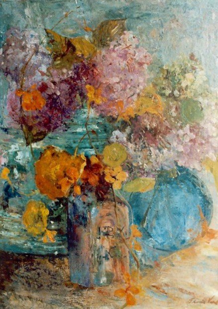 Hortensia and nasturtium in a glass vase av Floris Verster