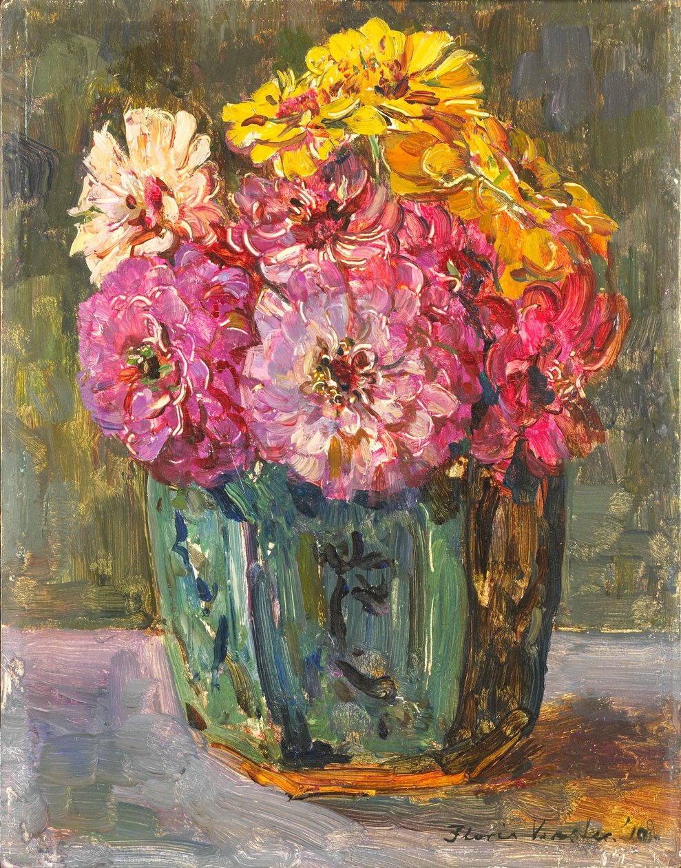 Stillife with zinnias in a ginger pot.  av Floris Verster